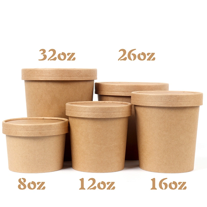 High-Grade Thickened Disposable Kraft Paper Bucket Soup Bowl Snacks Soup Noodle Takeaway Package Soup Cup with Lid