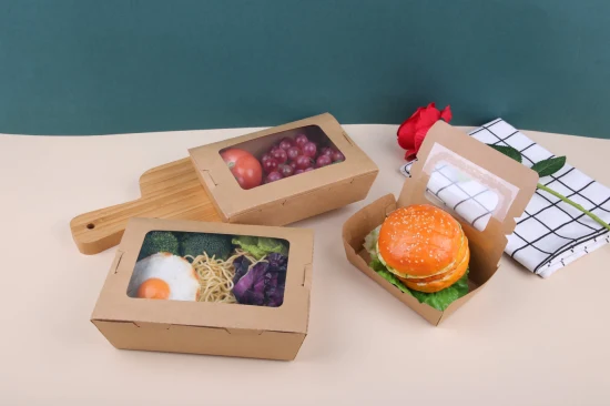 Boîte à lunch en papier kraft jetable Boîte d'emballage alimentaire à emporter écologique avec fenêtre pour animaux de compagnie